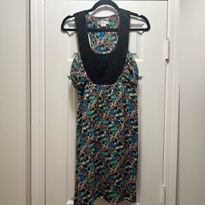 Kensie Colorful and Black Silk Dress with Statement Collar Size 10